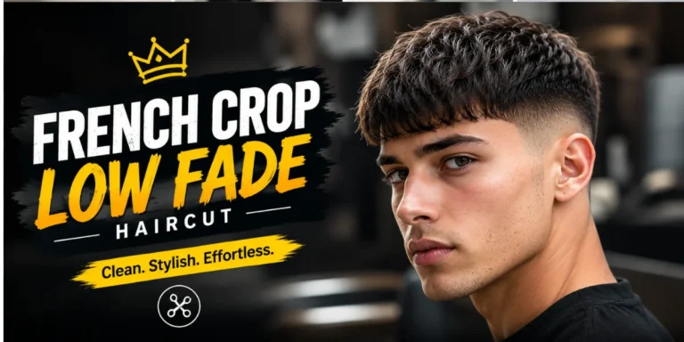 Close-up portrait of a stylish young man with a textured French crop low fade haircut, featuring a sharp fade transition, natural texture on top, and a modern barbershop background. Bold typography highlights the French Crop Low Fade haircut trend for men in 2026.