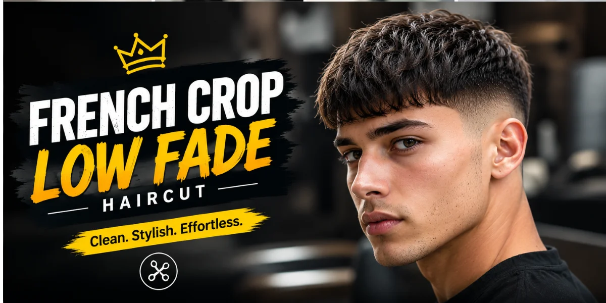 Close-up portrait of a stylish young man with a textured French crop low fade haircut, featuring a sharp fade transition, natural texture on top, and a modern barbershop background. Bold typography highlights the French Crop Low Fade haircut trend for men in 2026.
