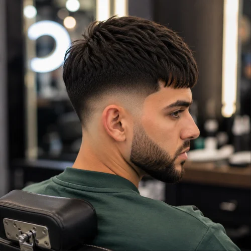 French crop mid drop fade with curved fade behind the ear and textured cropped top.