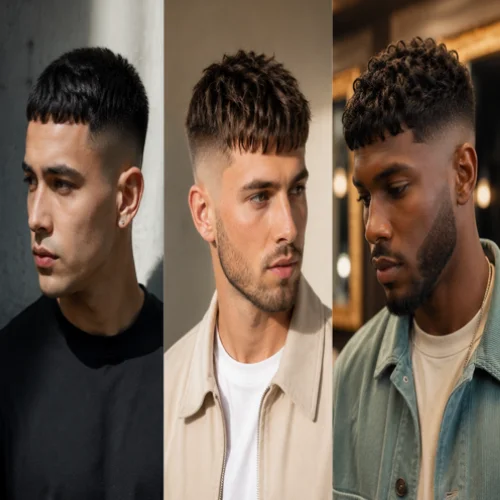 Three men showing different French crop mid fade haircut styles for men.