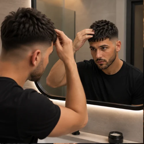Man styling a French crop mid fade with fingers and matte clay in front of a mirror.