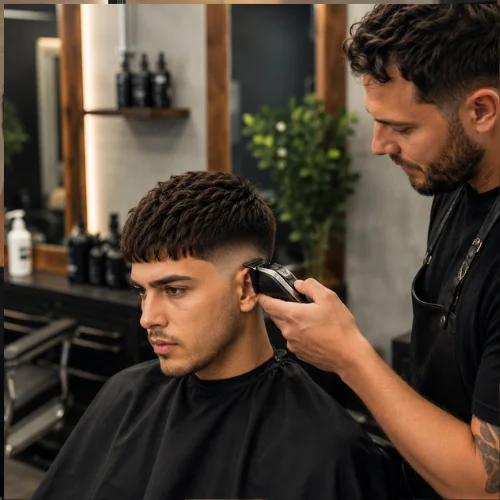 Barber refreshing a French crop mid fade with clippers on the faded sides.