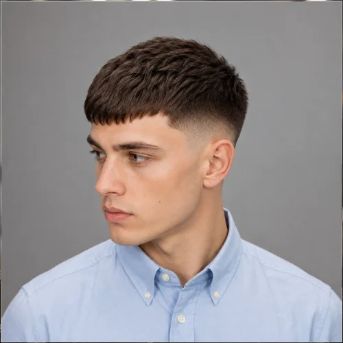 French crop mid fade straight hair with smooth fringe and clean mid-faded sides.