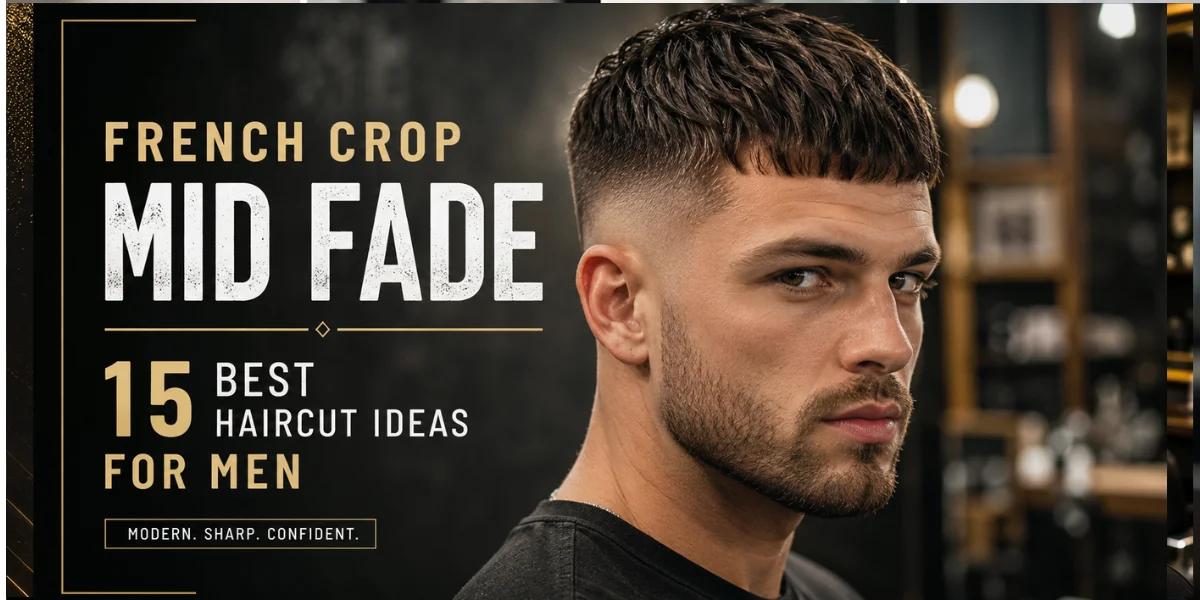 Stylish man with French crop mid fade haircut, textured fringe, faded sides, and modern barbershop look.