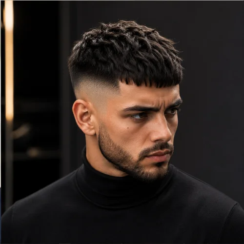French crop mid skin fade with sharp contrast, cropped top, and skin-faded sides.