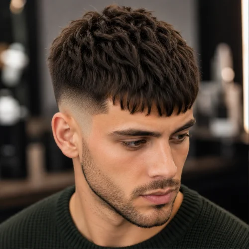 French crop textured fringe mid fade with soft front layers and neat faded sides.