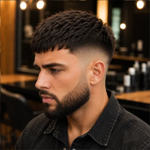French crop with mid fade and beard, blended sides, cropped top, and neat beard line.