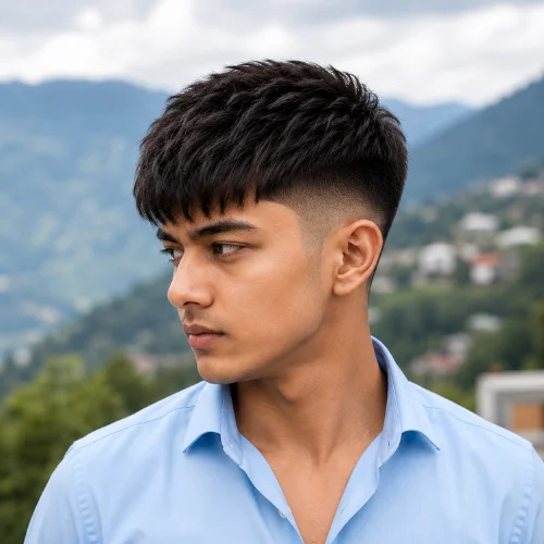Indian man with a Fringe Forward French Crop Low Fade haircut wearing a light sky-blue shirt. The hairstyle features a textured forward fringe, clean low fade sides, and a modern cropped top. The portrait is captured against a beautiful scenic outdoor background, highlighting the haircut's sharp texture, clean fade, and stylish contemporary look.