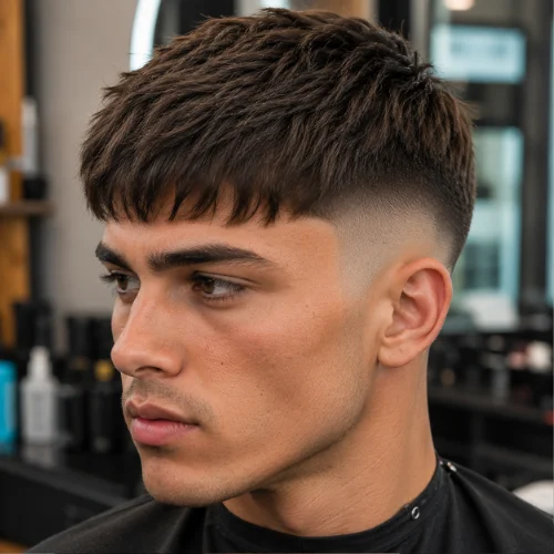 Close-up of a male with a fringe French crop burst fade, showing forward fringe and rounded fade around the ear.