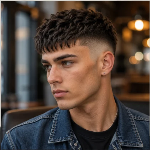 Young man with a high burst fade French crop, featuring a bold high fade and textured cropped top.