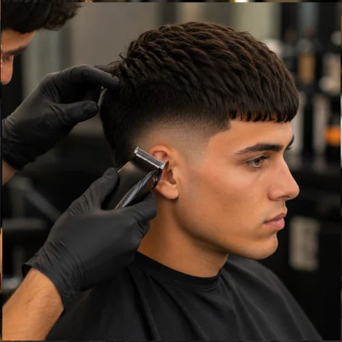 Barber giving touch-up on French crop burst fade, focusing on fade around the ears.