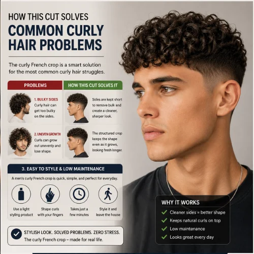 Educational hairstyle graphic showing how a Curly French Crop reduces bulky sides, improves shape, and makes curly hair easier to manage and style.