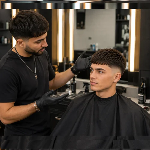ale client in barber chair discussing a French crop burst fade with professional barber.