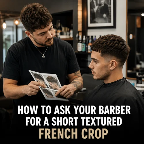 Barber consultation image showing how to ask for a short textured French crop haircut with fade and textured top