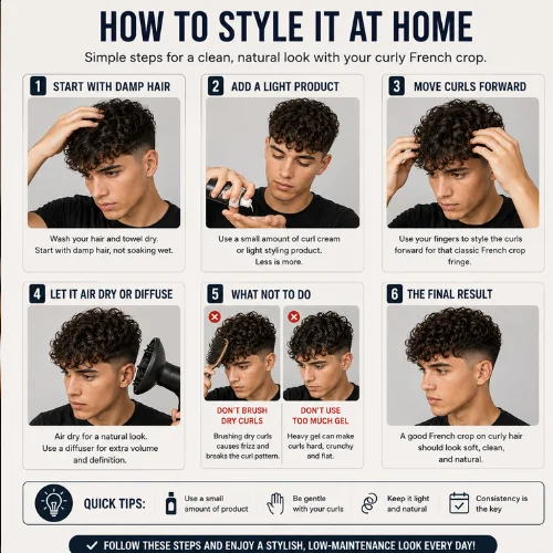 Step-by-step styling guide for a Curly French Crop showing damp hair preparation, curl cream application, finger styling, diffusing, and tips for reducing frizz.