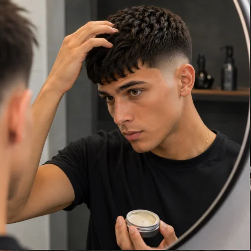 Young man styling French crop burst fade with small amount of product, showing textured top and clean fade sides.