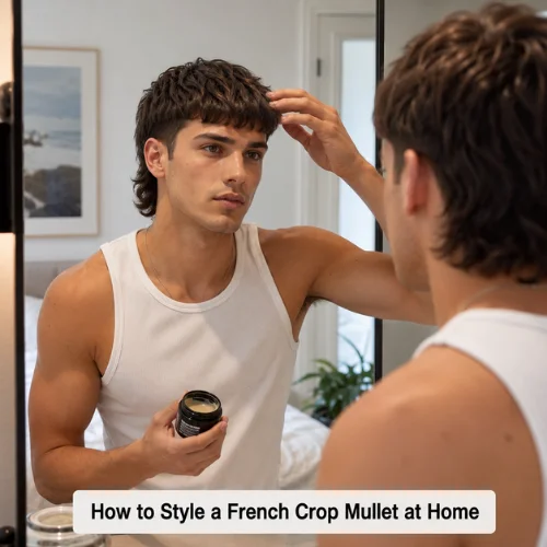 Man styling French crop mullet at home with hair product and mirror