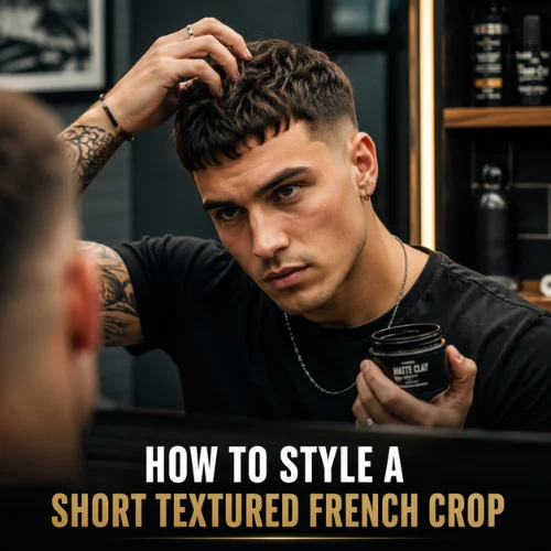 Styling routine for a short textured French crop using sea salt spray, blow drying, and matte clay