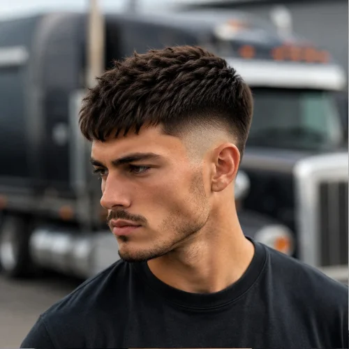 Young adult male with a low burst fade French crop, featuring a neat cropped top and soft fade around the ear.