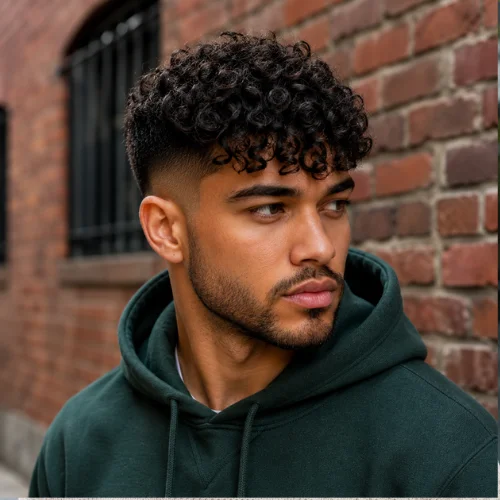 Mixed-race man with a long curly French crop haircut featuring defined curls, natural volume, and a textured fringe.