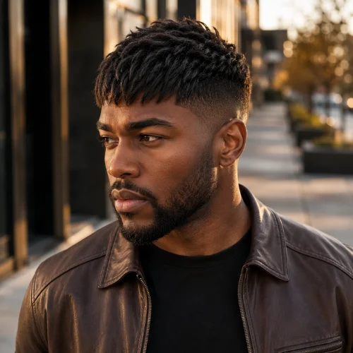 African-American man with a modern long French crop haircut featuring strong texture, sharp edges, and detailed hair definition.