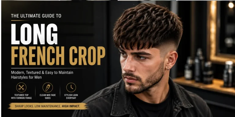 Long French Crop haircut with textured fringe, faded sides, and modern men's grooming style.