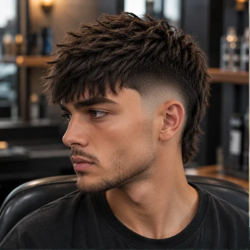 Male model with a long French crop burst fade, longer top styled forward and clean faded sides.