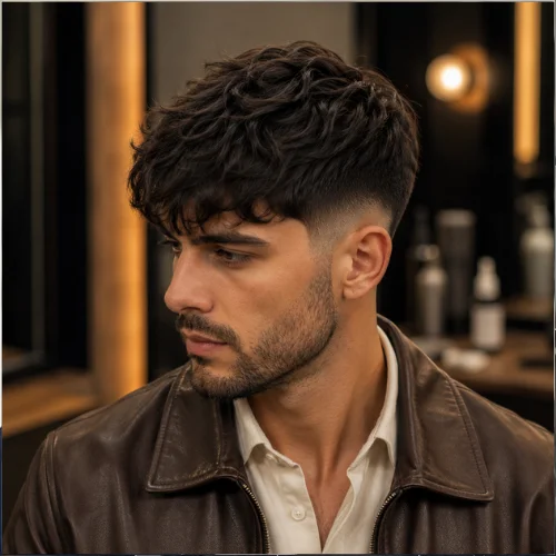 Long French crop with mid fade, fuller top, soft texture, and forward fringe.