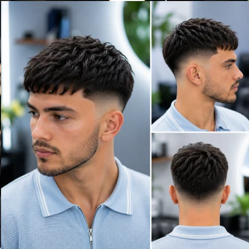 Handsome young man with a Low Drop Fade French Crop haircut, featuring a textured crop on top and a smooth low drop fade that curves naturally around the ears and neckline. He is wearing a sky-blue polo shirt in a modern, stylish setting, while front, side, and back views highlight the clean fade transition and sharp haircut details.