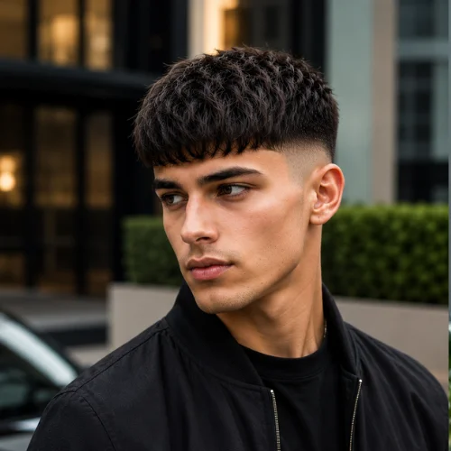Young man with a textured French Crop Low Fade haircut wearing a black jacket, standing outdoors in a modern urban setting with a blurred luxury car and contemporary building in the background. The hairstyle features a textured cropped top and clean low fade for a sharp, low-maintenance look.