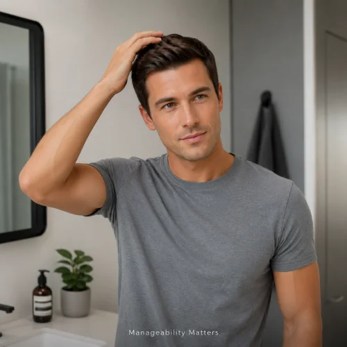 Man styling a low maintenance haircut in a modern bathroom