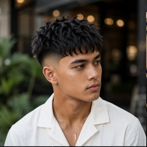 Young Indonesian man with a Messy French Crop Low Fade haircut, featuring a textured and slightly tousled crop on top with clean low-faded sides. He is wearing a stylish white shirt and posing against a beautiful outdoor background with soft greenery and warm bokeh lights, creating a fashionable and modern look.