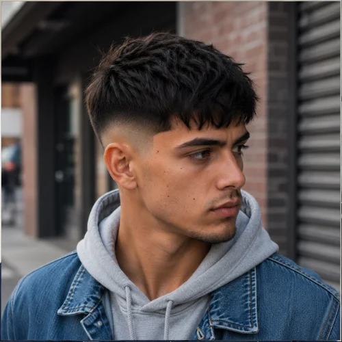 Messy French crop with mid fade, relaxed textured top, and natural forward fringe.