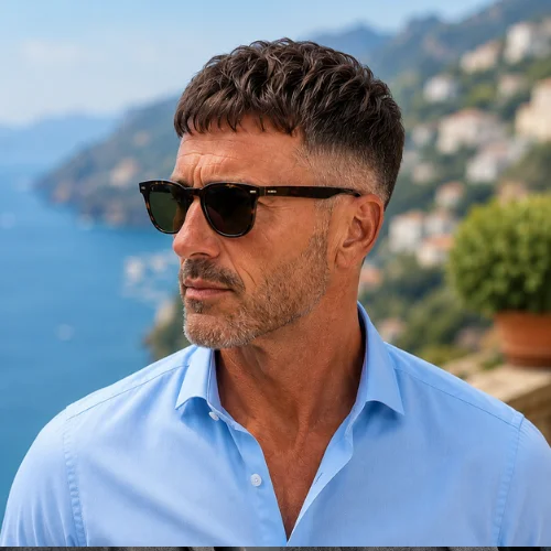 Middle-aged American man with a Mid Fade French Crop haircut, wearing a sky-blue dress shirt and standing in a scenic outdoor setting overlooking the coastline. The hairstyle features a textured cropped top with clean mid-fade sides, while the attractive background includes blue sea views, mountains, flowers, and elegant architecture.