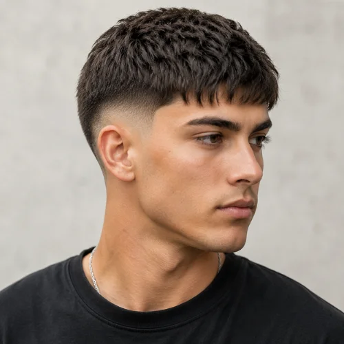 Side profile of a male with mid burst fade French crop, showing cropped top and fade starting around the middle side.