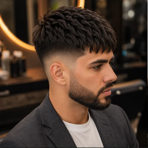 Mid fade textured French crop with choppy top, full texture, and clean side fade.
