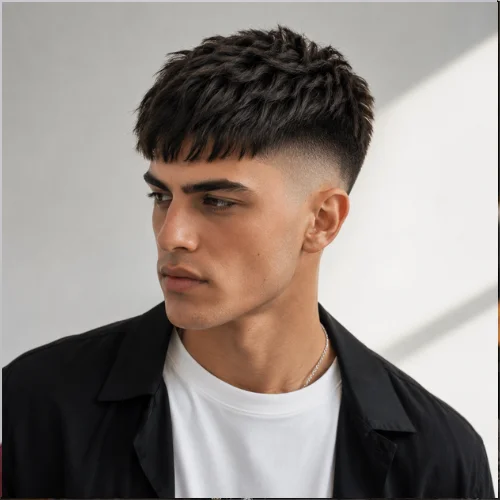 Modern French crop mid fade hairstyle with textured top, forward fringe, and faded sides.