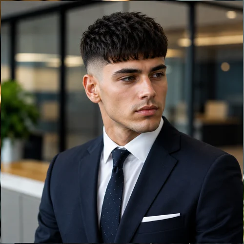 Professional young man wearing a navy business suit and tie, showcasing a French Crop Low Fade haircut with a textured cropped top and clean low-faded sides. The hairstyle is styled neatly for a polished, modern appearance, making it ideal for professional and corporate settings.