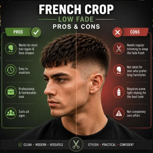 French Crop Low Fade pros and cons infographic featuring an American man with a modern French Crop Low Fade haircut. The image uses a green section to highlight the benefits and a red section to show the drawbacks, presenting a clear comparison of this popular men's hairstyle.