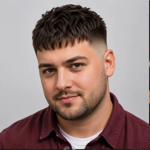 French crop mid fade for round face with light fringe, textured top, and clean sides