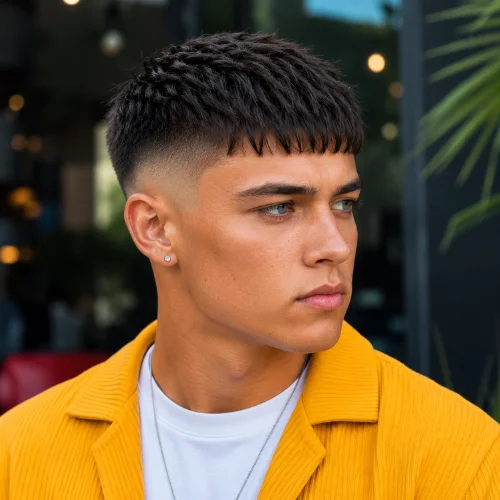 Handsome young man with a French Crop Low Fade haircut wearing a bright yellow jacket. The hairstyle features a short textured crop on top with clean low-faded sides, photographed against an attractive outdoor background with soft bokeh lights and modern urban elements.