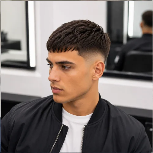 Short French crop mid fade haircut with small fringe and clean faded sides.
