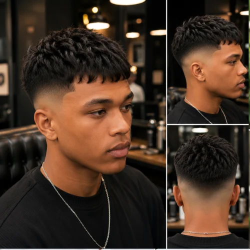 Handsome American man with a Skin Fade French Crop Low Fade haircut inside a modern barbershop. The hairstyle features a textured cropped top with a seamless skin fade that blends into a low fade on the sides and back. The model is wearing smart casual attire that matches the barbershop setting, while multiple angles showcase the precision and clean finish of the haircut.