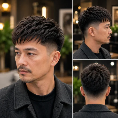 Middle-aged Malaysian man with a Soft Layered French Crop Low Fade haircut, featuring naturally layered texture on top and a clean low fade on the sides. He is wearing a smart casual outfit that complements the hairstyle and standing in a beautiful outdoor setting with lush greenery and soft natural light, showcasing a refined and modern appearance.