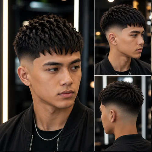 Handsome Malaysian man with a stylish French Crop haircut, featuring a textured crop on top and a clean low fade on the sides. The hairstyle is shown from multiple angles in a modern, attractive barbershop setting, highlighting its sharp, trendy, and fashionable appearance.