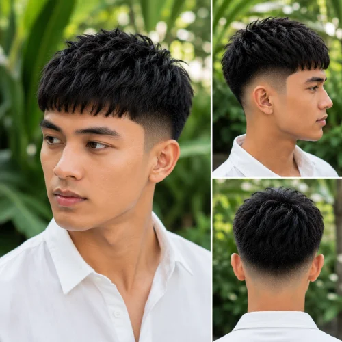 Young Southeast Asian man with a Tapered French Crop Low Fade haircut, featuring a textured cropped top and a smoothly tapered low fade. He is wearing a light yellow shirt and posing in a beautiful outdoor setting with lush greenery and soft natural light, while side and back views showcase the clean taper and modern haircut details.