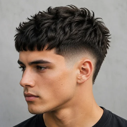 Close-up of a young man with a textured French crop burst fade, highlighting choppy layers and natural movement on top.