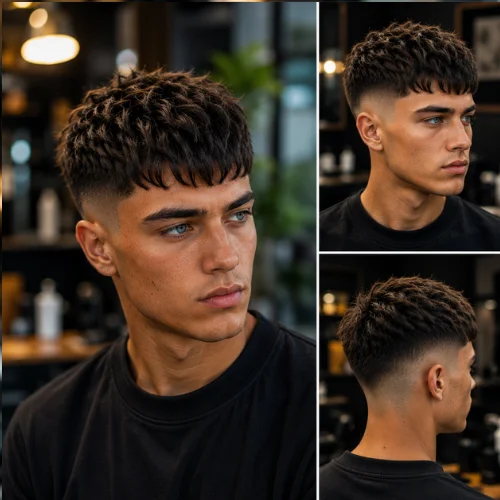 Young man with blue eyes and a broad face showcasing a textured French Crop Low Fade haircut in a stylish modern barbershop setting. The hairstyle features a textured top, clean low fade sides, and a sharp contemporary finish, viewed from multiple angles.