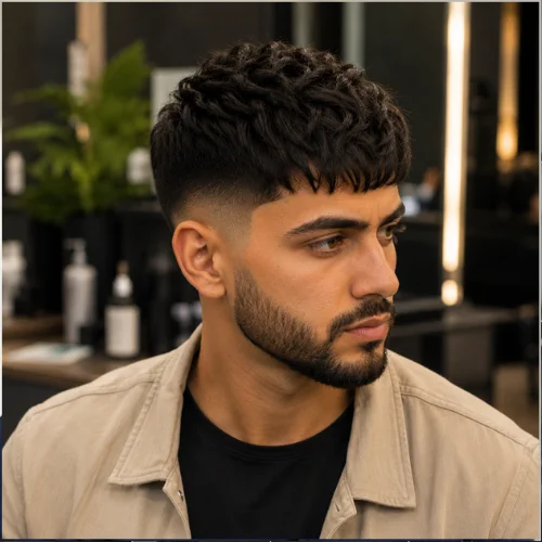 Textured French crop mid fade with layered top, forward fringe, and smooth faded sides.
