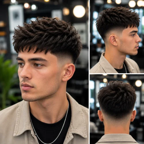 Handsome young man with a Voluminous French Crop Low Fade haircut, featuring thick, textured hair with added volume on top and a clean low fade on the sides. He is dressed in a smart casual outfit and posed against a beautiful modern background with soft lighting, highlighting the hairstyle’s fullness, texture, and stylish appearance from multiple angles.